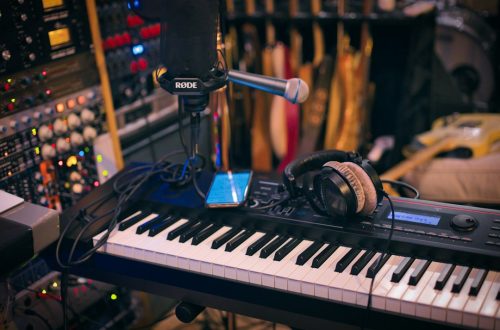 Music production setup with synthesizer keyboard