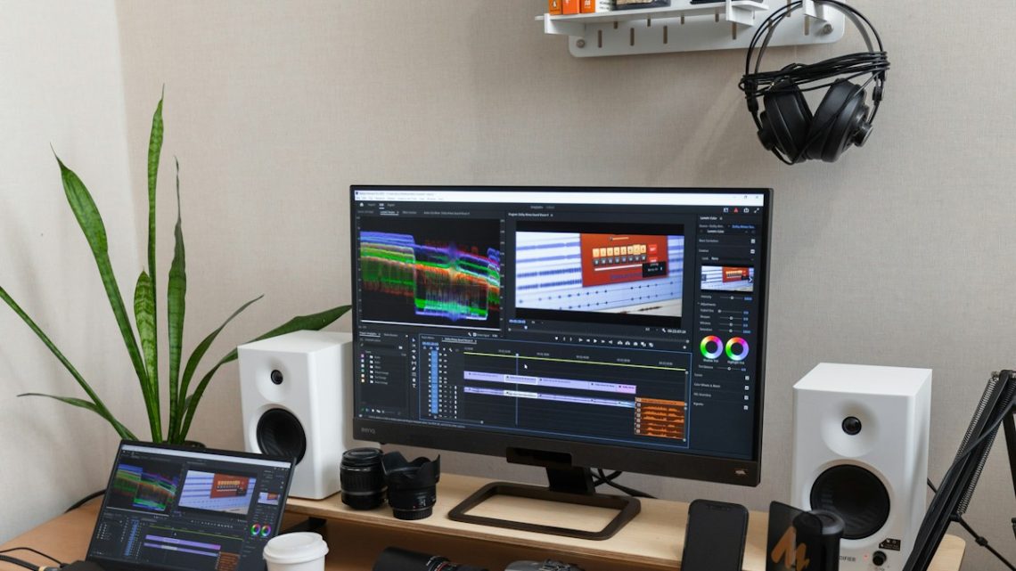 Meja kerja kreatif dengan laptop dan perangkat untuk editing video